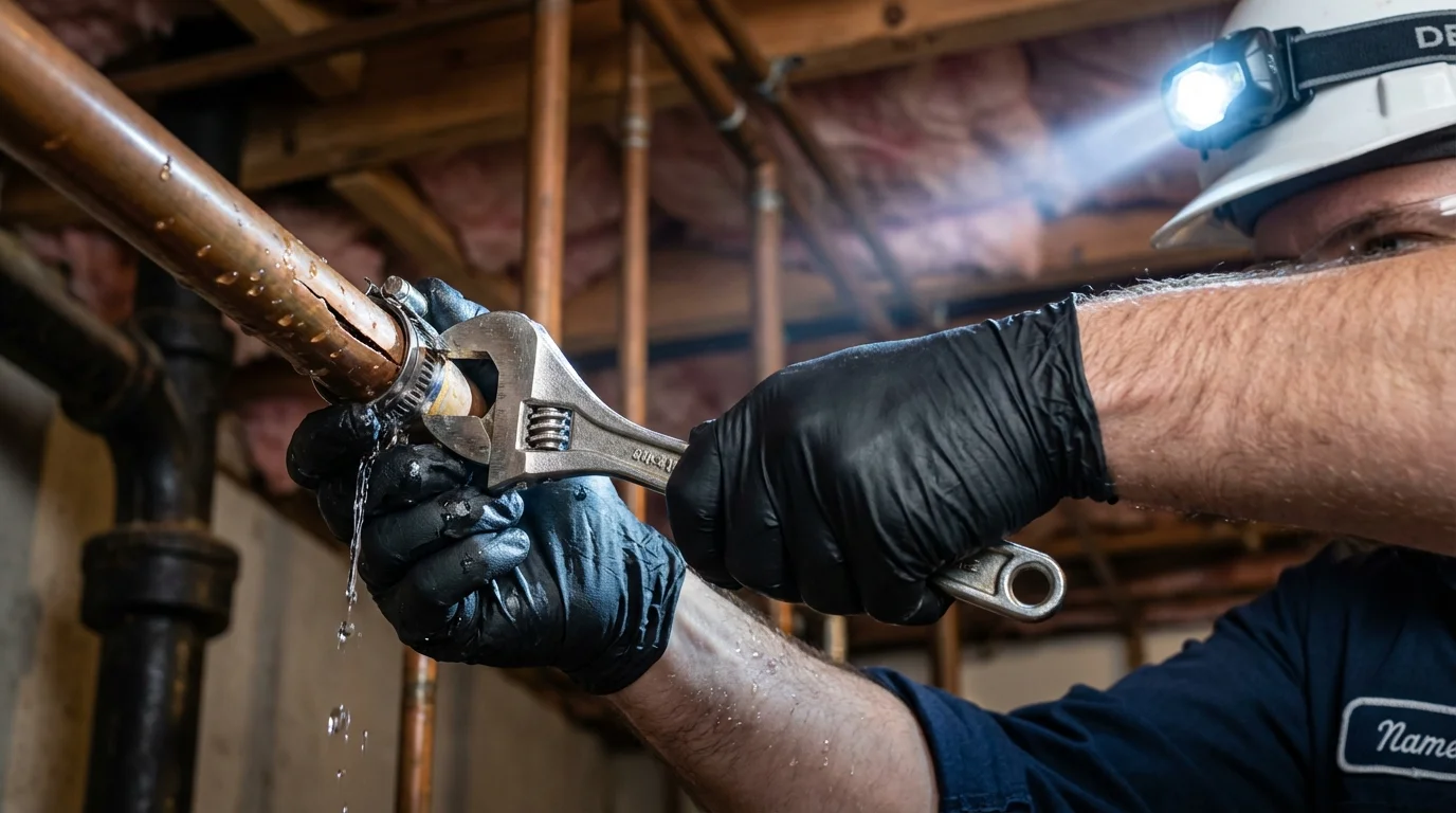 Emergency pipe clamp repair being performed by a Johns Plumbing LLC plumber in Bellaire