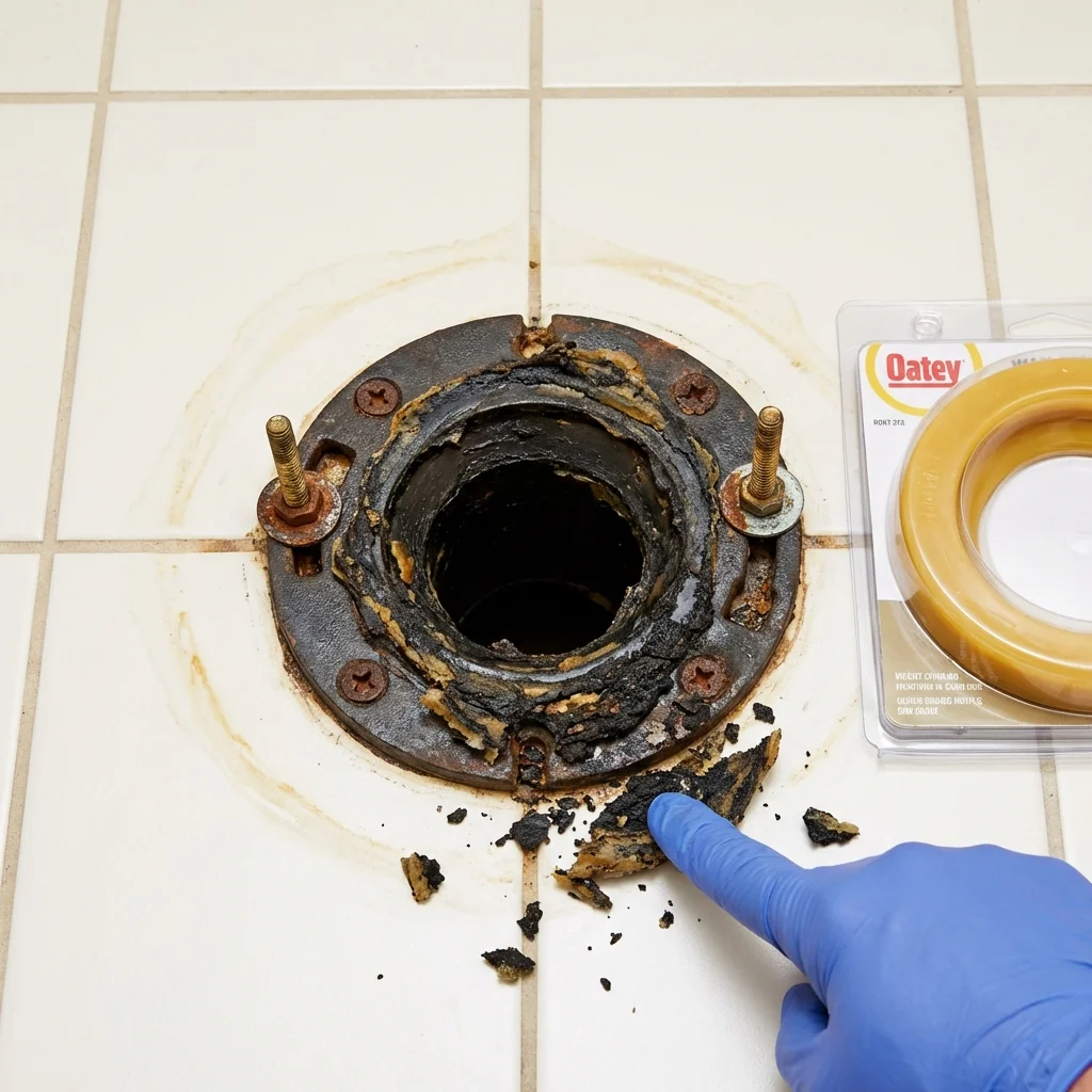 Failed wax ring showing water seepage at the base of a toilet in a Bellaire, OH home