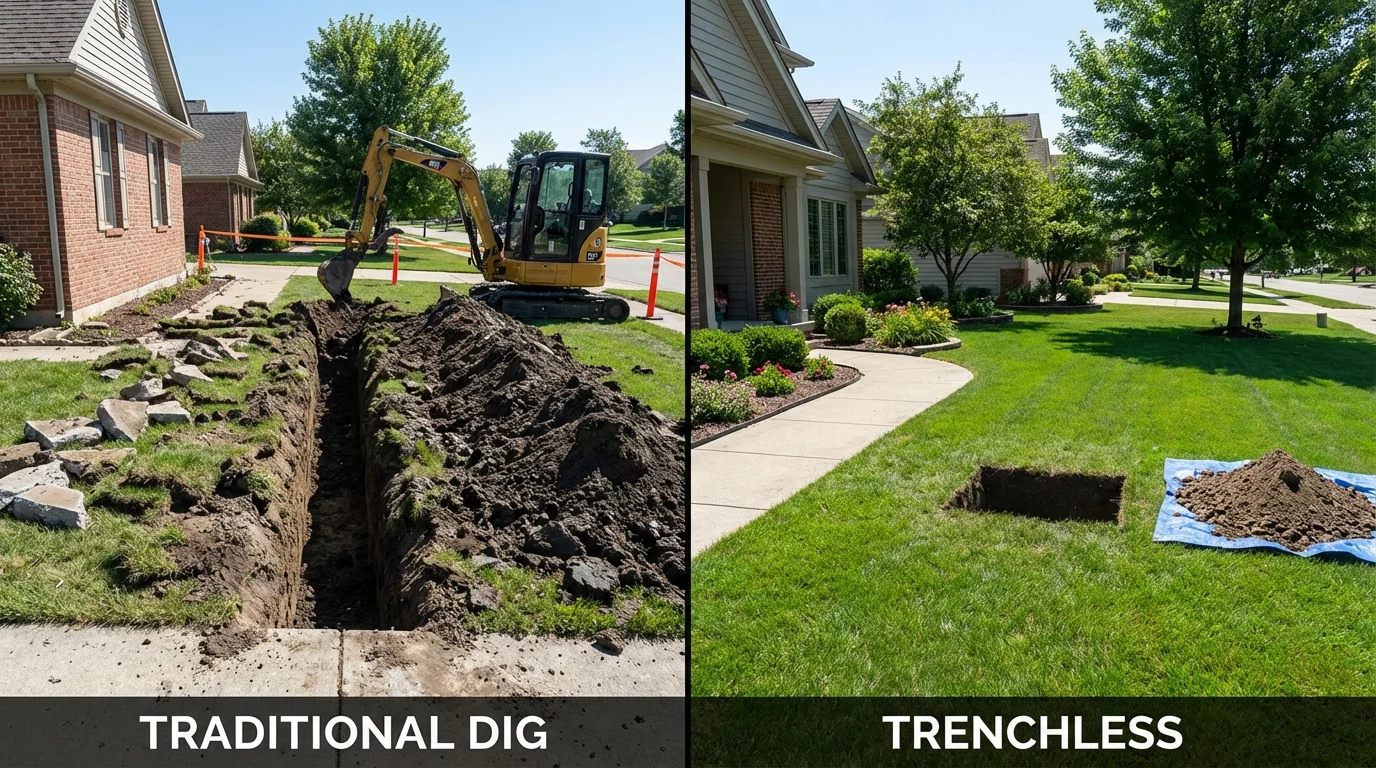 Trenchless sewer repair with minimal yard damage versus traditional excavation in Bellaire, OH