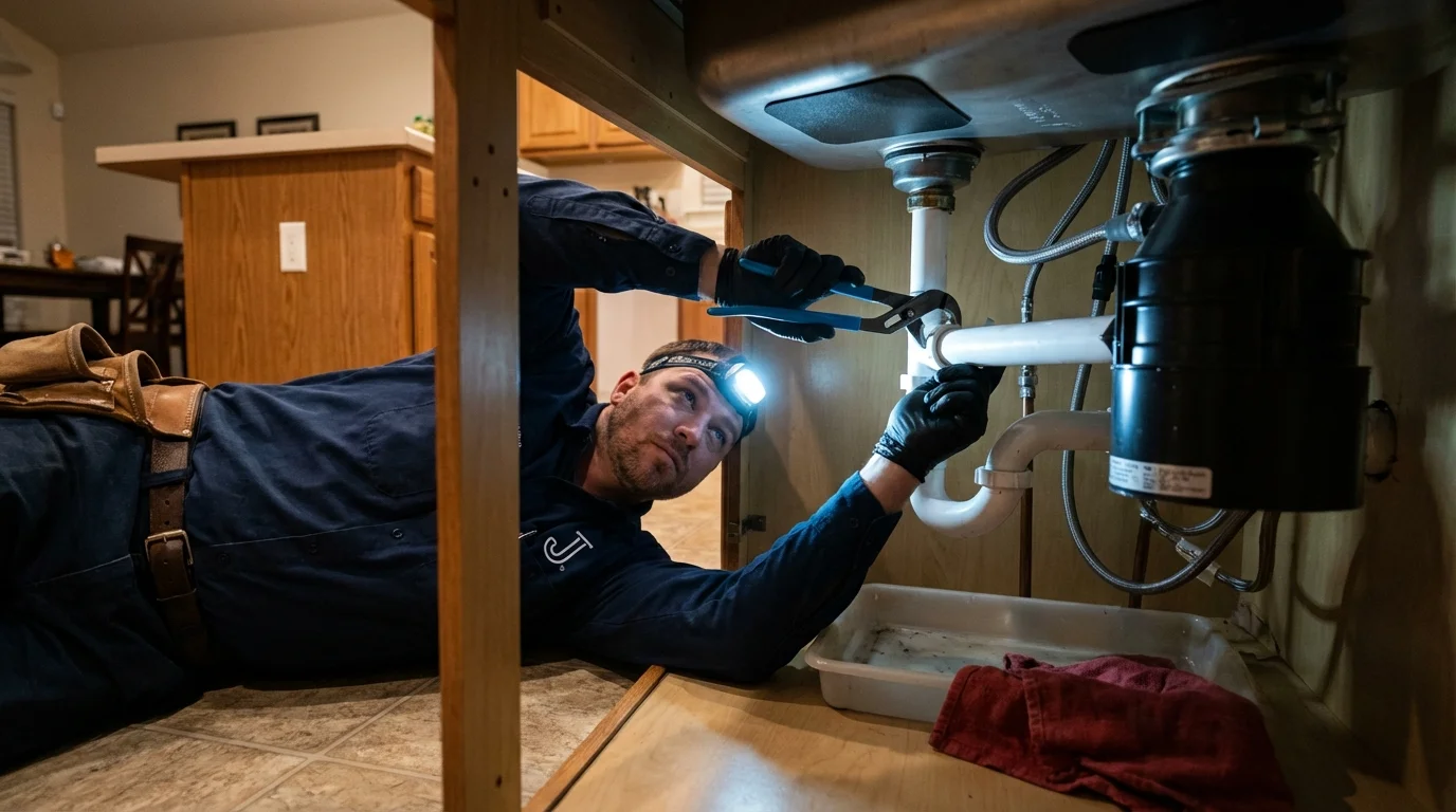 P-trap and supply line connections under a kitchen sink showing a common leak point in Bellaire, OH